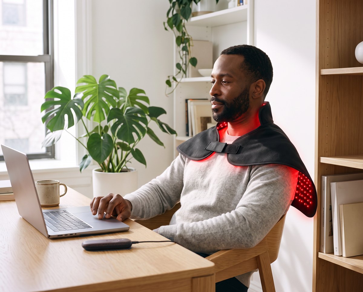 A man working at his desk wearing the Orbit Neck wrap
